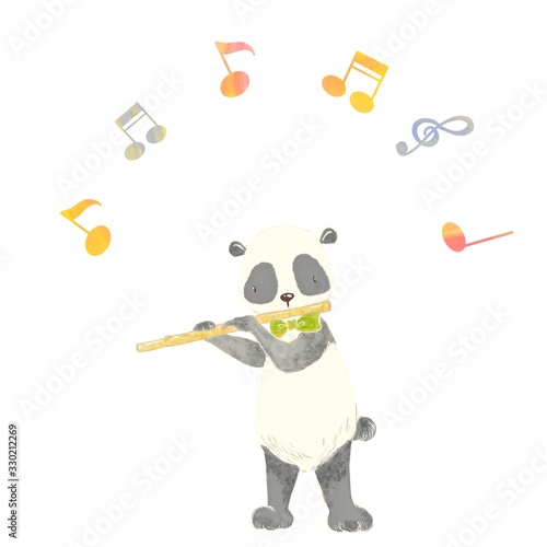 Cartoon animal playing music, panda bear, flute © maoette