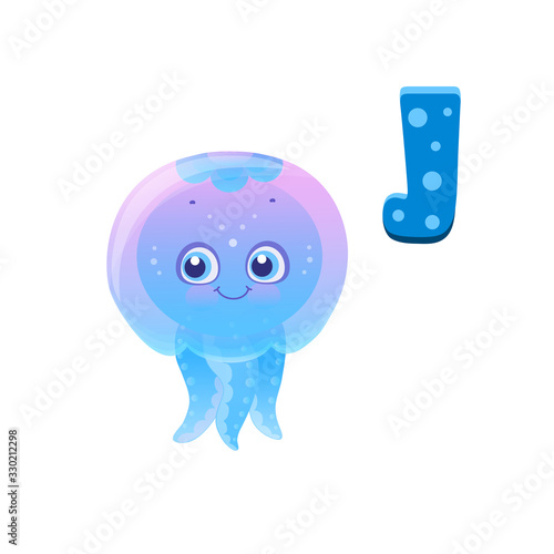 cute jellyfish cartoon vector icon with letter j isolated on white background, print for t-shirts, underwater world inhabitant, sea aurelia, corniropus, eps 10