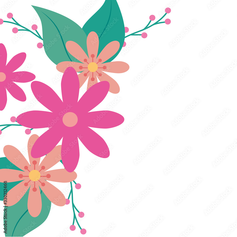 Fototapeta premium cute flowers pink with branches and leafs vector illustration design