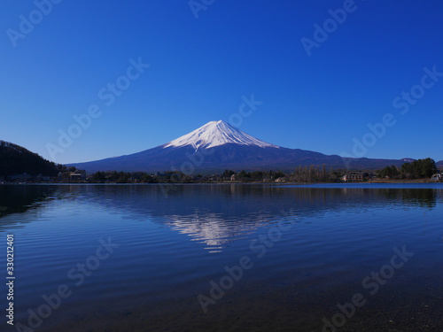 Mt. Fuji of Clear blue sky from "Ubuyagasaki" Lake Kawaguchi japan 03/12/2020