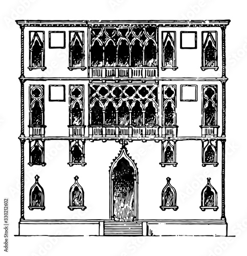 Palace Faade, palace in Venice,  vintage engraving.
