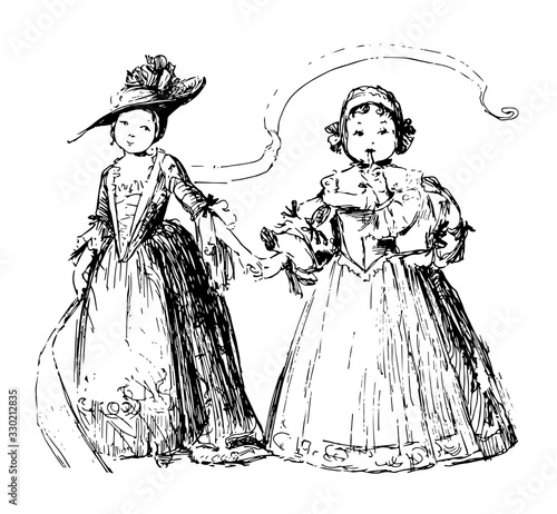 girl playing dress up, vintage engraving.
