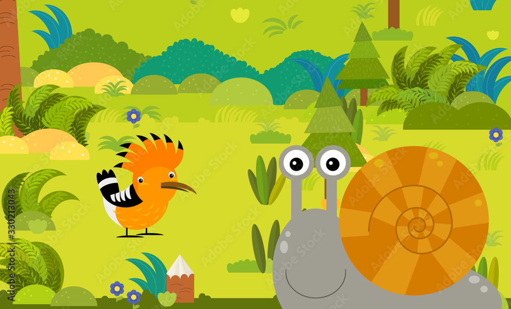 cartoon scene with different european animals in the forest illustration