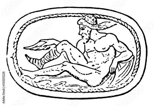 Philoctetes wounded in the foot on a scarab in sardonyx, vintage engraving.