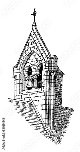 Bell Gable, turret placed, vintage engraving.