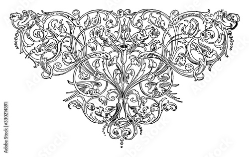 Ornate Design have so many birds and leaves, vintage engraving.