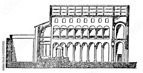 Basilica, name was applied to Christian churches, vintage engraving.