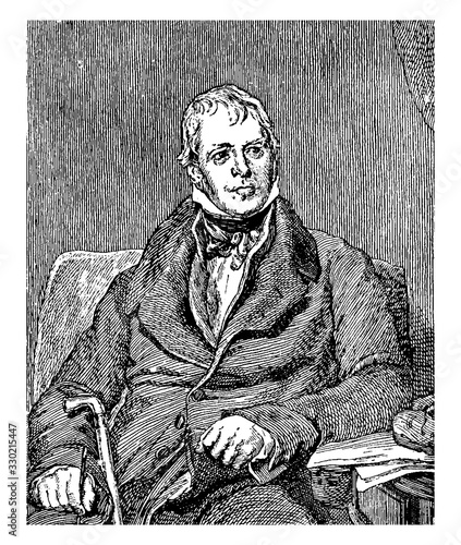 Sir Walter Scott are painting by Sir Thomas Lawrence, vintage engraving.