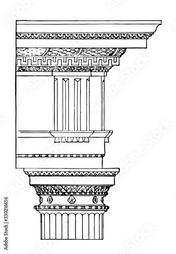 Doric Order, Themoe of Diocletian,  vintage engraving.