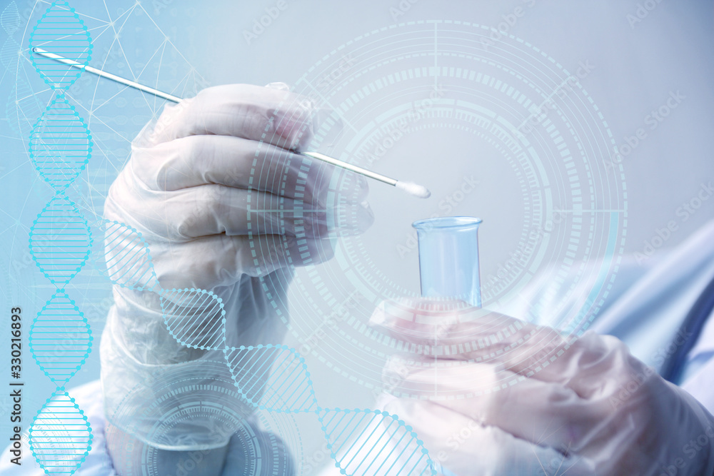 scientist, doctor holds a laboratory test tube and does a test of biological material for DNA, pathologies, viruses, blue virtual display, concept bacterioscopic research method scientist, doctor holds a laboratory test tube and does a test of biological material for DNA, pathologies, viruses, blue virtual display, concept bacterioscopic research method