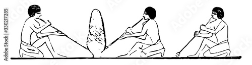 Glass-Blowing is a sculpture of three man making a glass by using the rods and blowing fire, vintage engraving.