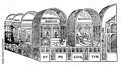 Roman Baths, The baths of Titus, vintage engraving.