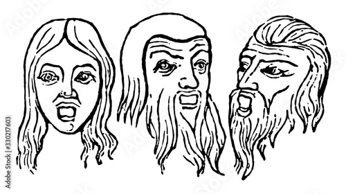 Persona Masks were worn by Greek and Roman actors in nearly all dramatic representations, vintage engraving.
