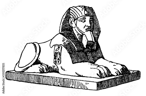 Crouching Sphinx sculpture in the Louvre, vintage engraving.