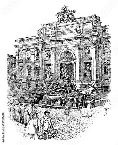 Trevi Fountain,  a fountain in the Trevi district in Rome, vintage engraving.