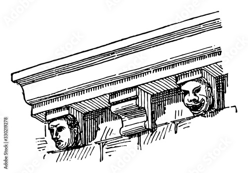 Corbel Table, outside architecture,  vintage engraving.