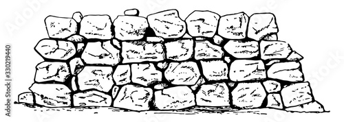 Cyclopean,  Wall, a type of stonework,  in Mycenaean architecture,  built with massive limestone boulders, minimal clearance, vintage engraving.