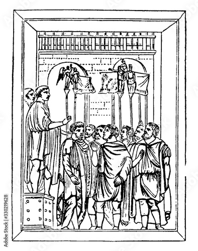 Roman Standards from the Arch of Constantine, vintage engraving.