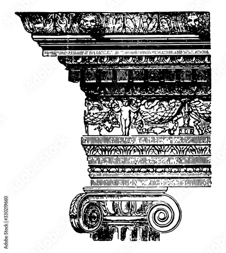 Ionic Frame, The framework in Ionic style, vintage engraving.