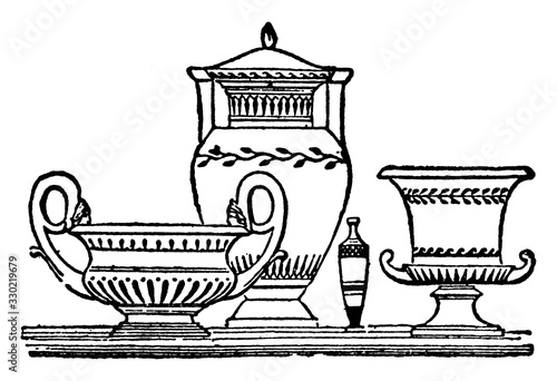 Grecian Vases is a vessel of various forms and materials, vintage engraving.