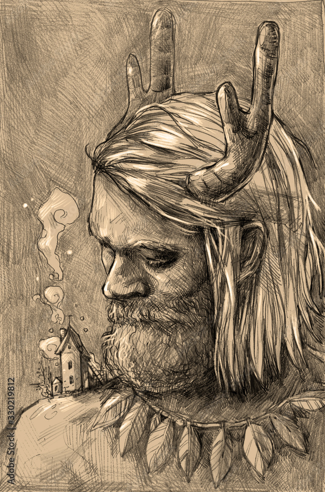 Fototapeta premium Pagan God with horns. House on a Dog's shoulder. Hand drawn illustration.