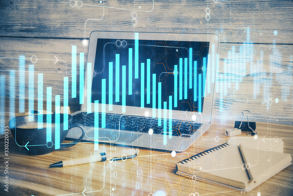 Double exposure of graph and financial info and work space with computer background. Concept of international online trading. Double exposure of graph and financial info and work space with computer background. Concept of international online trading.