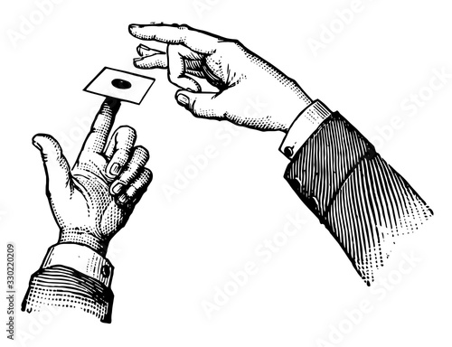 Hands and Card, vintage engraving.