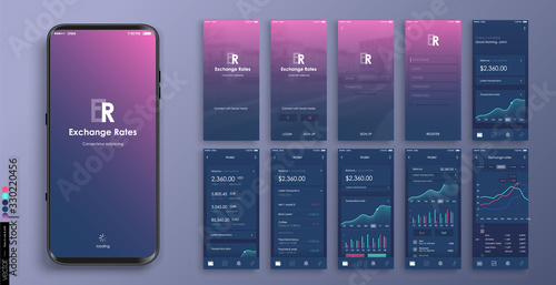 Mobile app design, UI, UX. A set of graphic screens with the login and password, home page, exchange rate, list of payments, archim exchange rates and current account information.