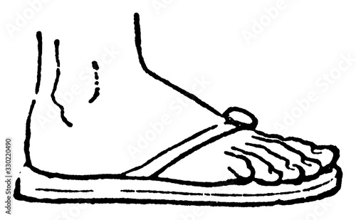 Sandal was usually a sole of hide, vintage engraving.