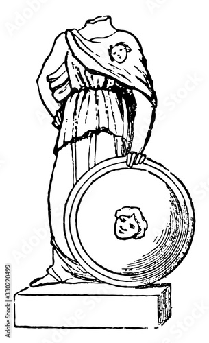 Minerva with Aegis from an ancient statue, vintage engraving.