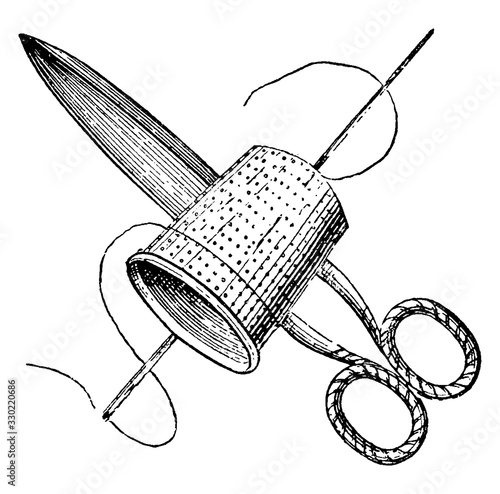 Sewing Supplies, it’s a pair of scissors along with a needle thread and thimble, vintage engraving.
