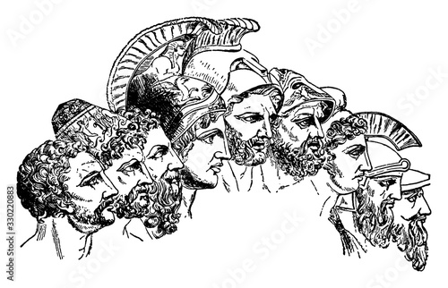 A banner of the faces, vintage engraving.