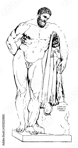 Farnese Hercules was Found in 1540 in the Baths of Caracalla, vintage engraving.