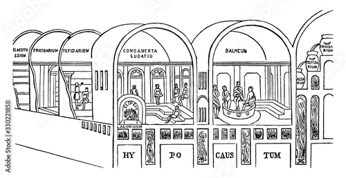 Roman Bath, from a Painting on the Walls of the Thermae, vintage engraving.