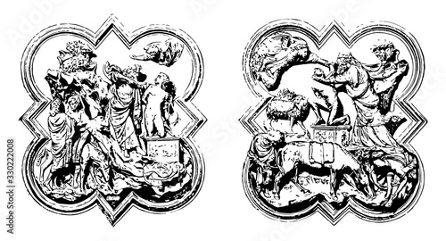 Offering of Isaac is a Bronze-relief by Brunellesco, vintage engraving.
