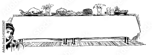 Dinner Table have food and flower pot, vintage engraving.