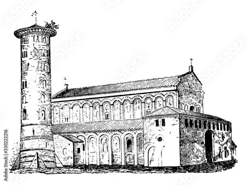 Sant Apollinare in Classed, a basilica church in Ravenna, vintage engraving.