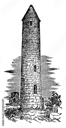 Round Tower, two Irish-style,  vintage engraving.