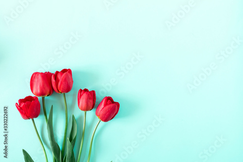 Flowers composition romantic. Red tulip flowers on pastel blue background. Valentine's Day, Easter, Birthday, Happy Women's Day. Flat lay, top view, copy space