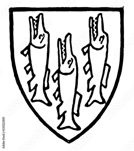 Lucy bore Gules three luces or pike silver, vintage engraving.