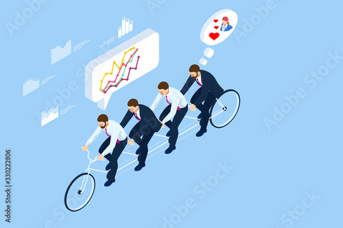 Isometric Goals Setting for Business Team. Creative Idea Teamwork Banner Concept. Business Team Riding Tandem Bicycle. Team success. Business concept illustration.