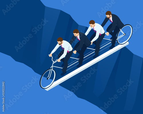 Isometric Goals Setting for Business Team. Creative Idea Teamwork Banner Concept. Business Team Riding Tandem Bicycle. Team success. Business concept illustration.