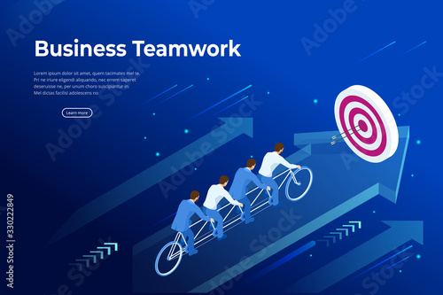 Isometric Goals Setting for Business Team. Creative Idea Teamwork Banner Concept. Business Team Riding Tandem Bicycle. Team success. Business concept illustration.