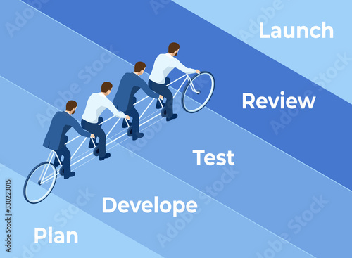 Isometric Goals Setting for Business Team. Creative Idea Teamwork Banner Concept. Business Team Riding Tandem Bicycle. Team success. Business concept illustration.