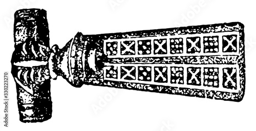 Brooch have Fibula with niello work, vintage engraving.