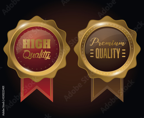 circular badges golden emblems with ribbon