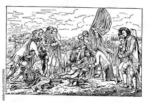 West, Death of General Wolf by Benjamin West, vintage engraving.