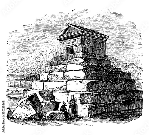 Tomb of Cyrus, Cyrus caught sight, vintage engraving.