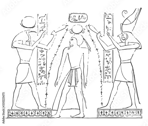 Egyptian bas-relief are between Thoth and Horus, vintage engraving.