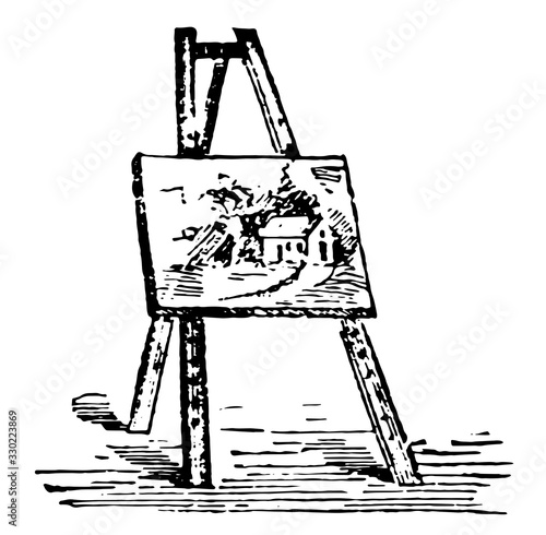 Easel have pictures are placed while being painted, vintage engraving.